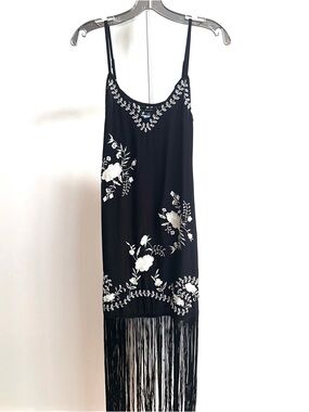 Nasty Gal Black Slip Midi Dress with White Floral Embroidery & Fringe